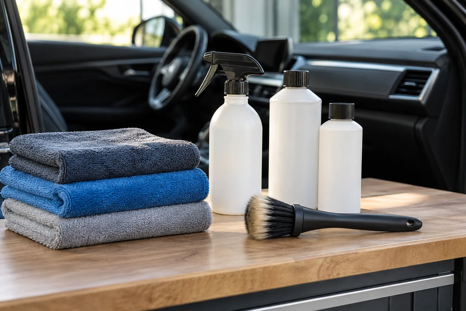 Mikrofasertücher und weicher Pinsel neben unbeschrifteten Behältern für die Fahrzeugpflege
